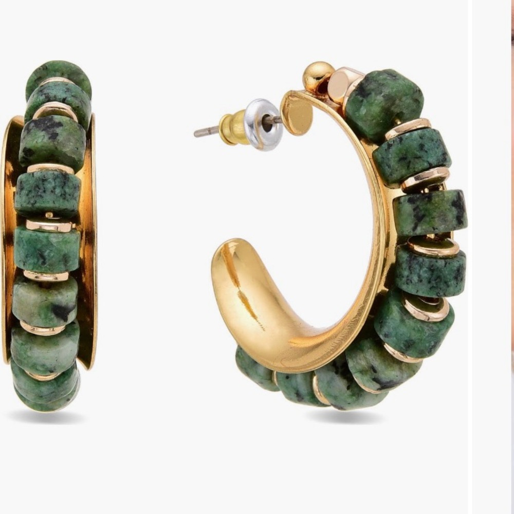 Chunky Green and Gold Hoop Earrings with Beads